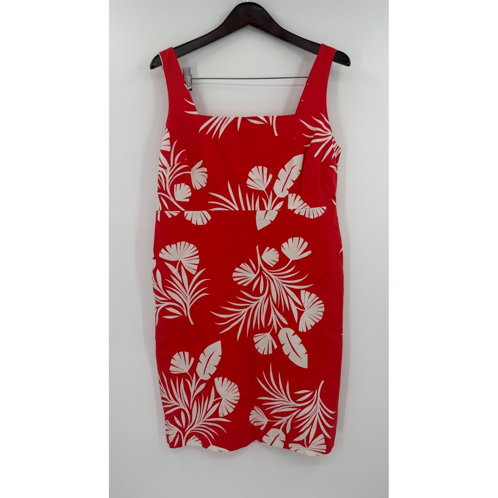 Boden Red White Tropical Floral Cotton Sheath Dress Square Neck US 10R W0720